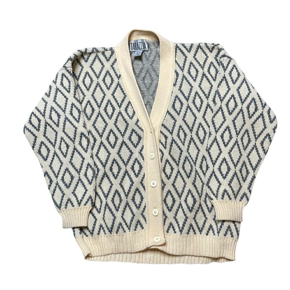 Vintage Tarazzia Wool Blend Cardigan Cream Gray Diamond Knit Size Small
